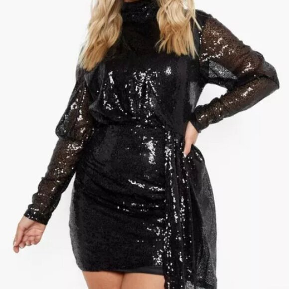 Sequin High Neck Black Drape Dress - Plus Size - Picture 1 of 9